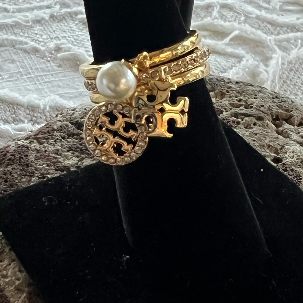 Tory Burch Stackable Gold Charm Ring Set Size 7 - image 1